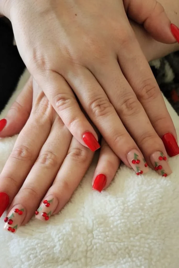 Classic red manicure with 3D cherry rhinestone accents for end of summer nails