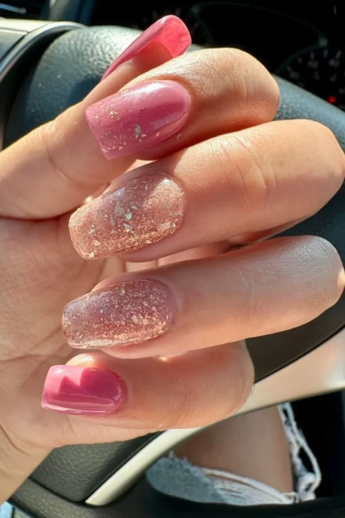 Mauve and rose gold glitter flake nail design for fall transition nails ideas