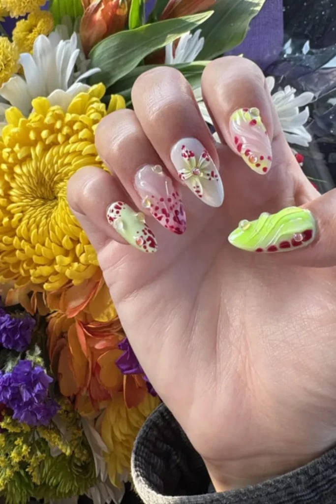 Playful neon yellow, pink, and white 3D textured nail art with clear dewdrop accents for vacation nails ideas