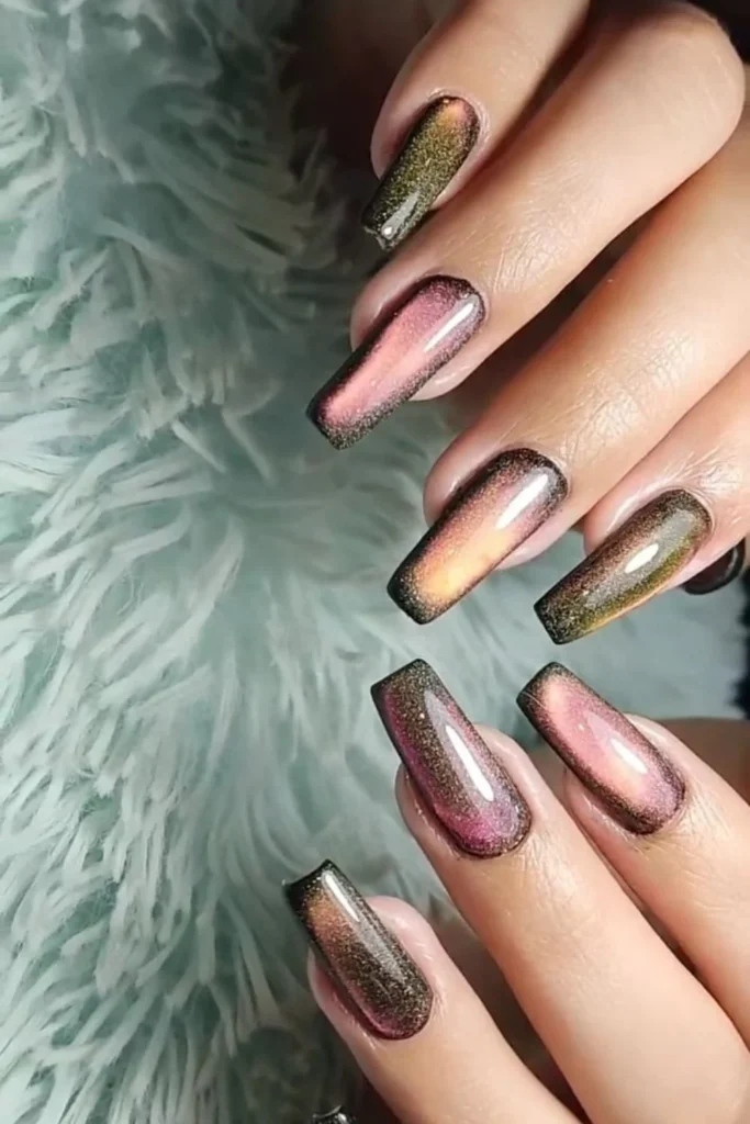 Moody September nails ideas showcasing long square cat-eye velvet nails with shimmering pink, gold, and dark iridescent shifts